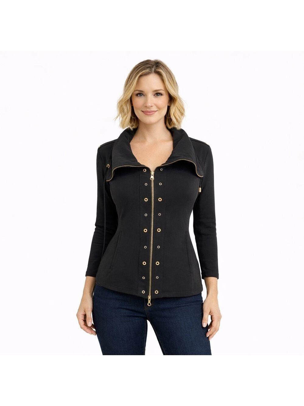 Frank Lyman Black Gold Zip Structured jersey Jacket/blazer M Modern Chic Style